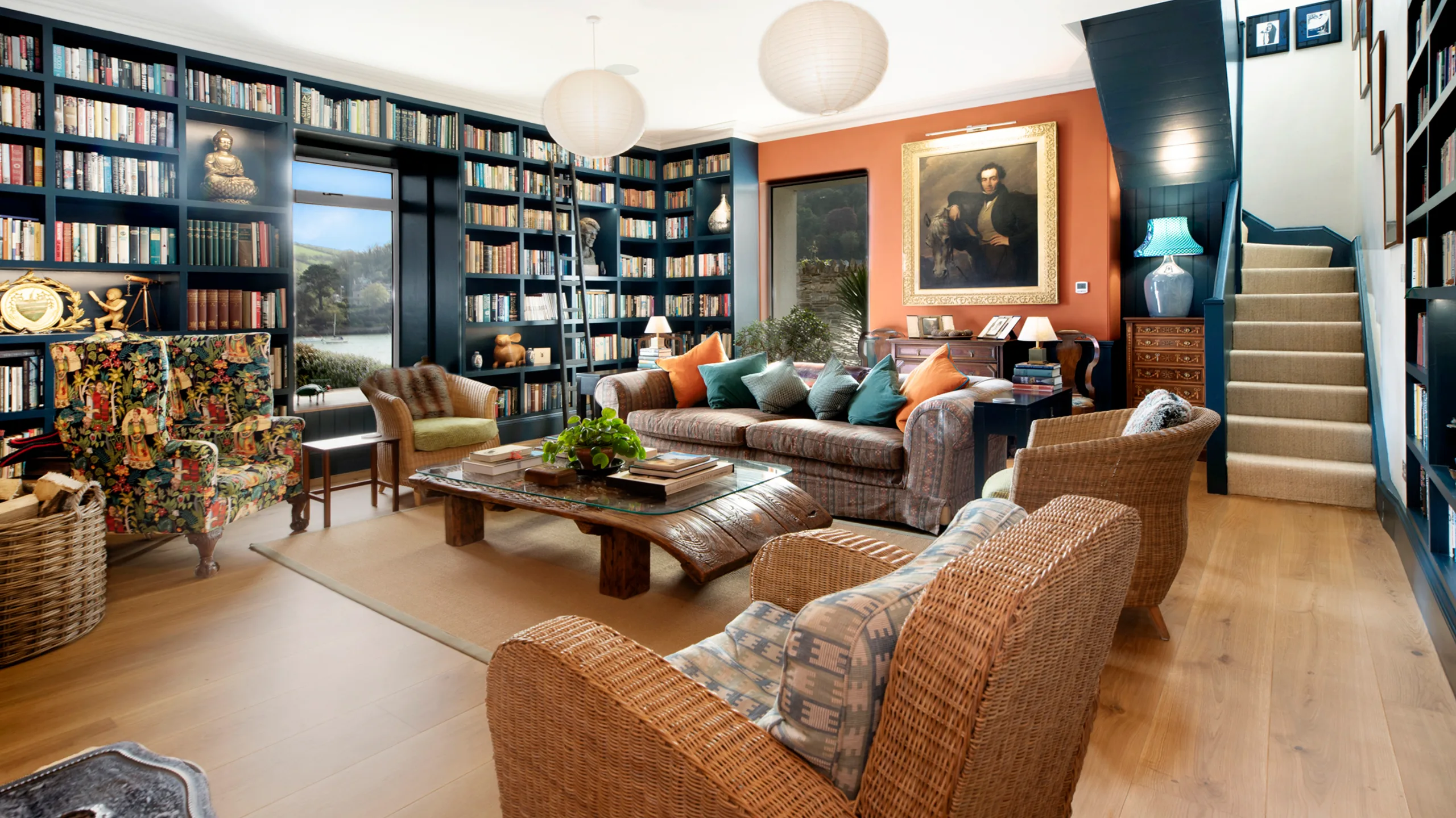 The library at the historic Riversea property in Devon