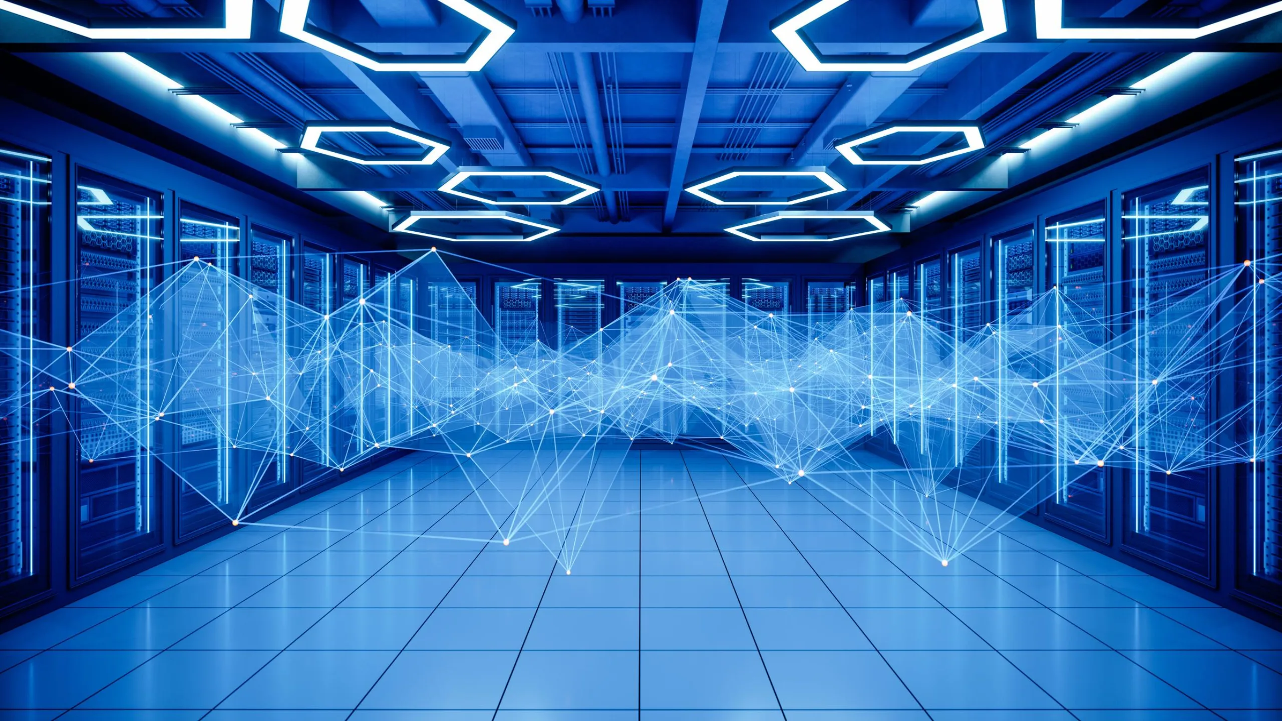 Stock image of a data centre with AI threads