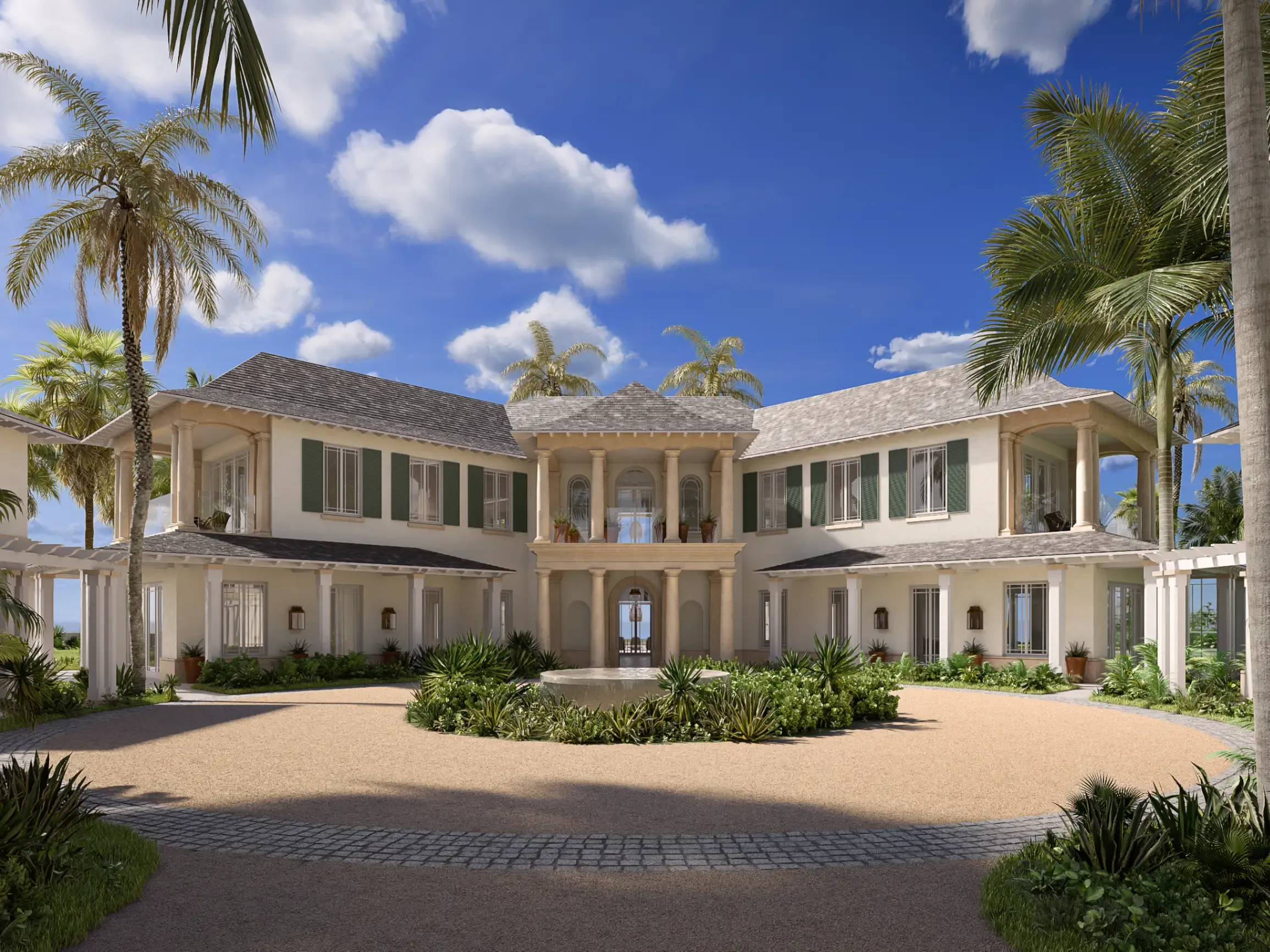 exterior of grand villa with palm trees and circular driveway