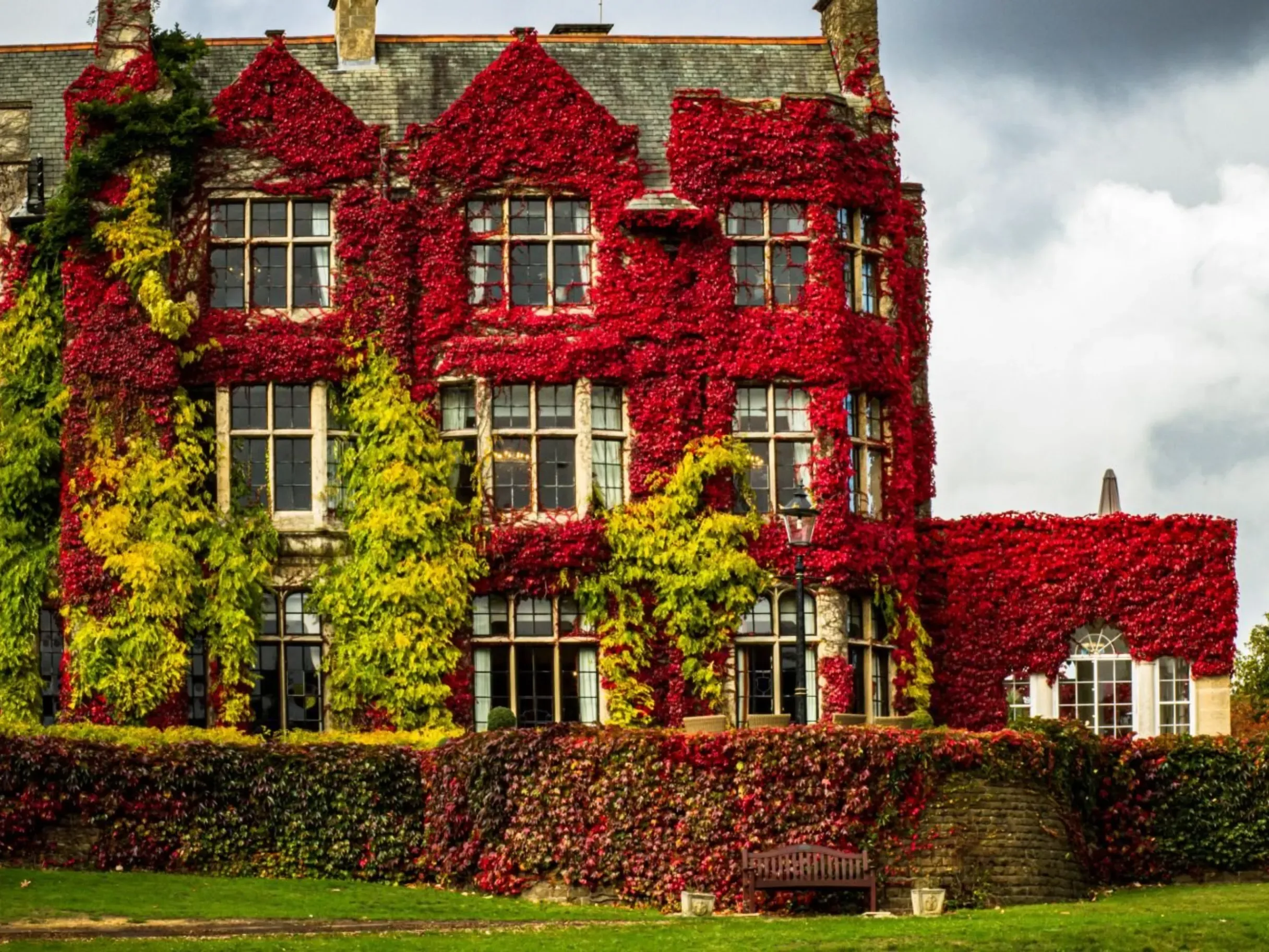Exterior of Pennyhill Park Hotel covered in red and green foliage with a low wall and bench in front