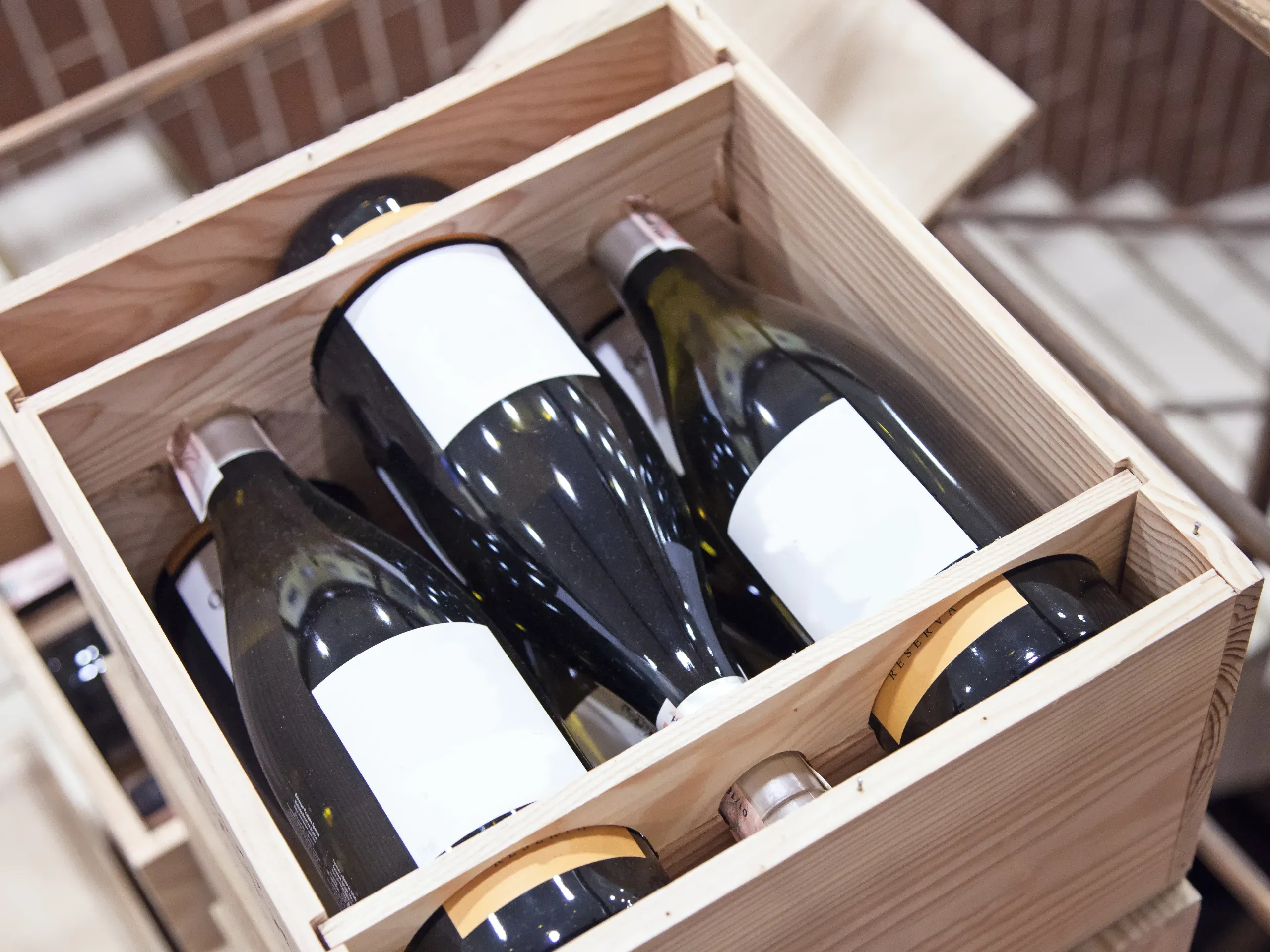 Wooden crates of high-end wine ready for sale. 