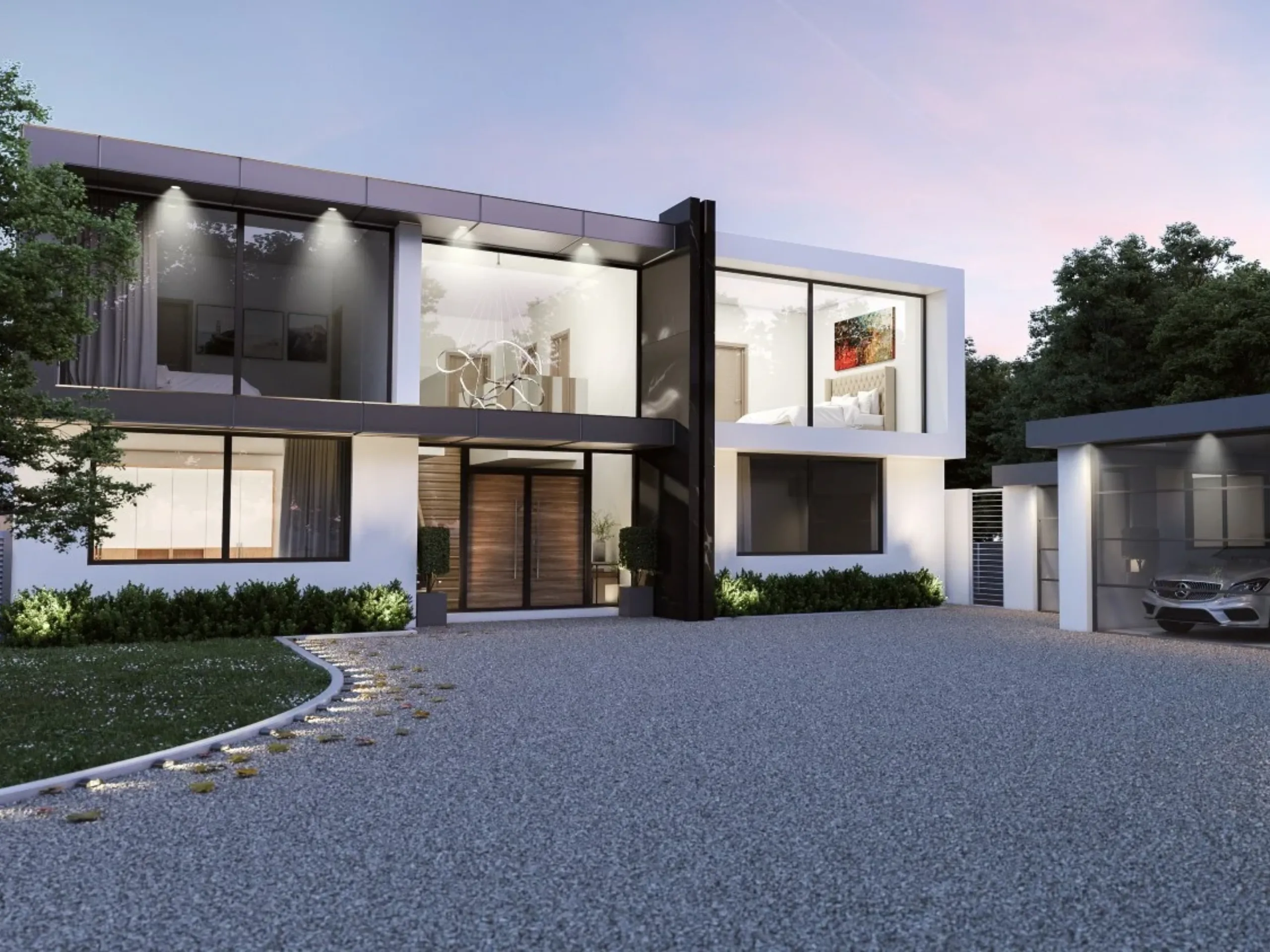 exterior of a contemporary house with spotlights illuminating the house