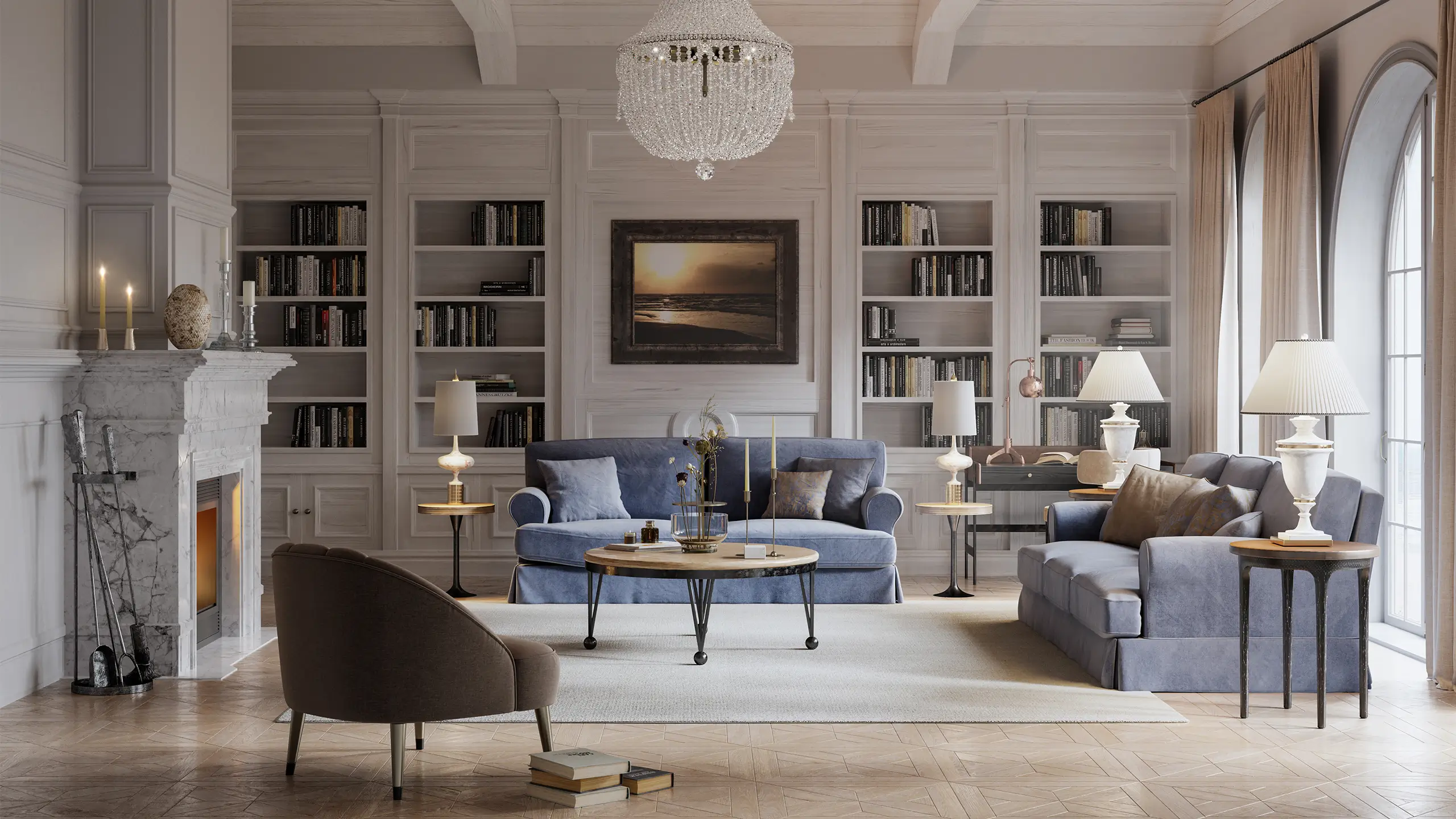 Digitally rendered view of a beautiful living room