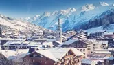 View across snowy mountain peaks in the French Alps