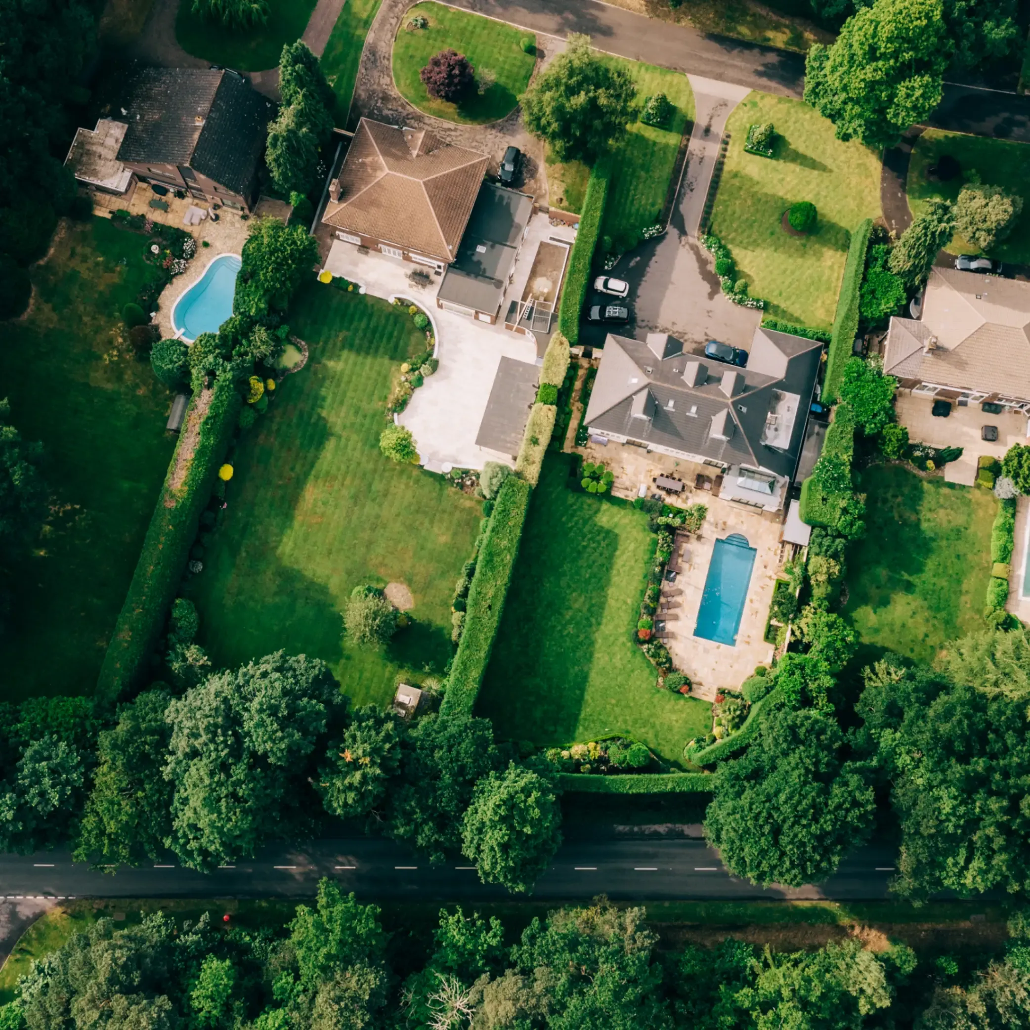An aerial view of suburban houses in Surrey, UK