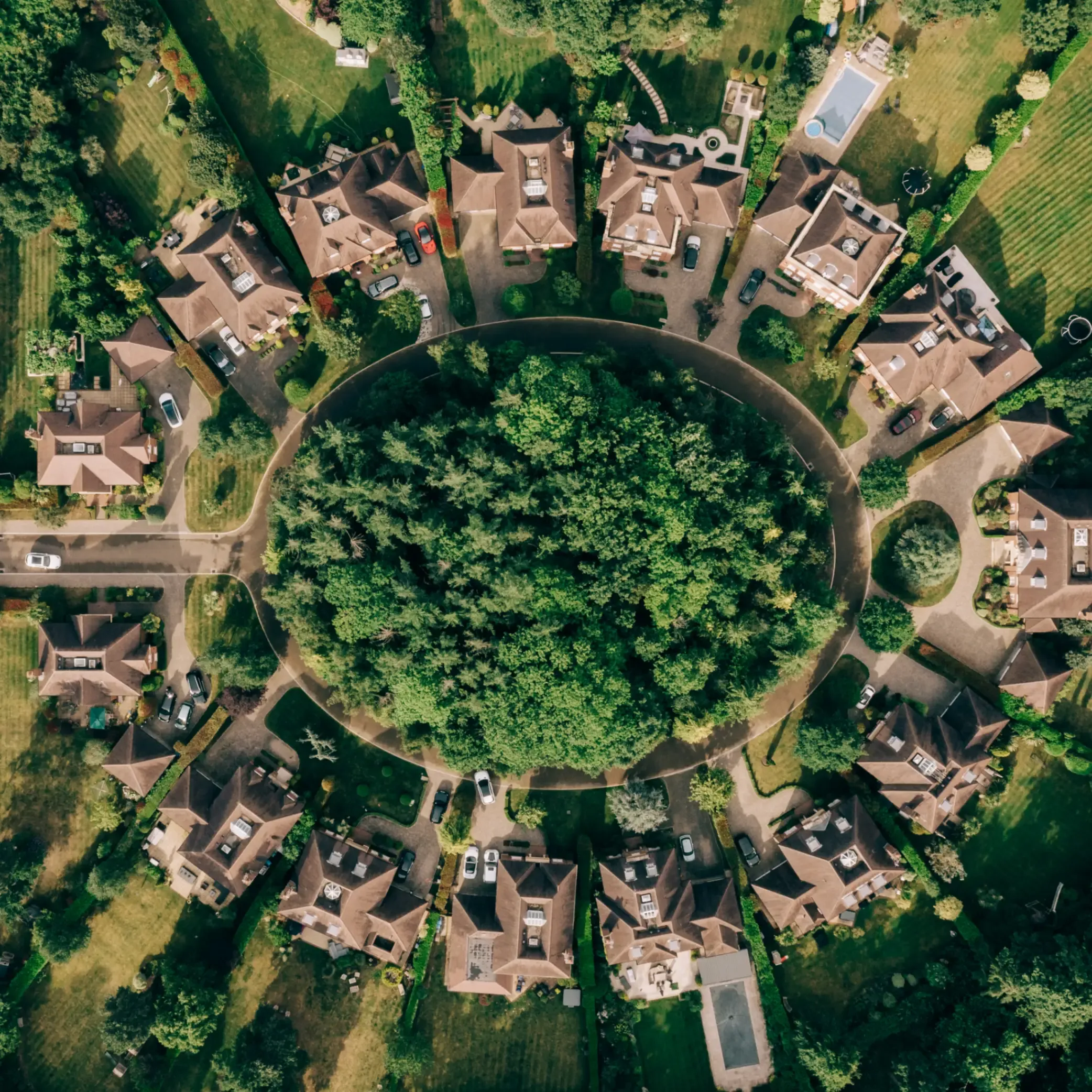 An aerial view of suburban houses in Surrey, UK