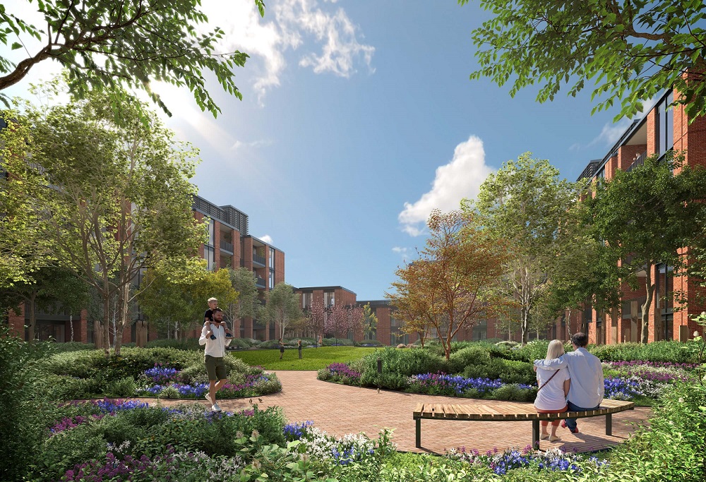A shared garden area with flowerbeds, trees and benches