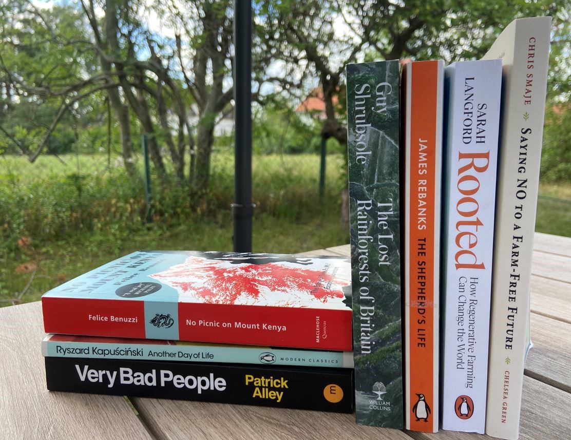 A collection of paperback books on a table outdoors in a rural setting