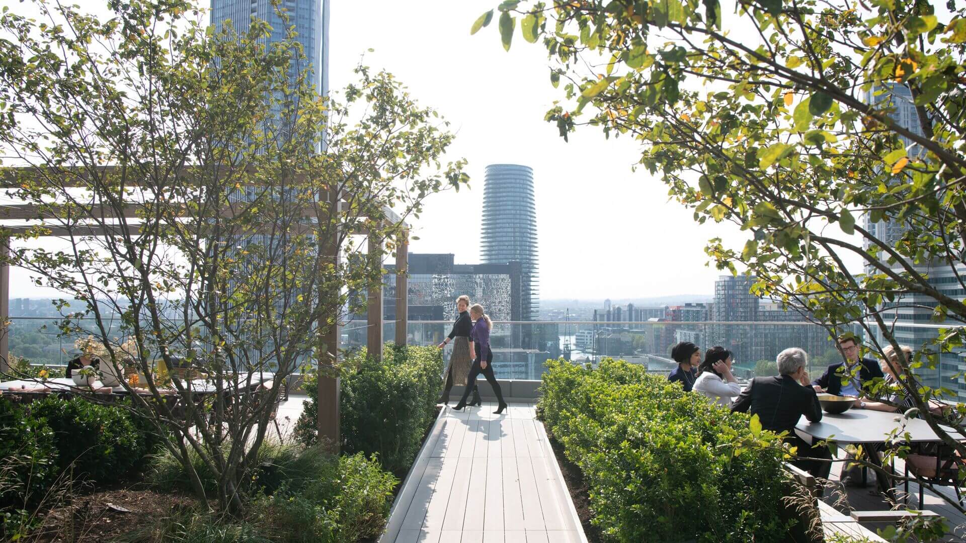Outdoors in a green area in Canary Wharf
