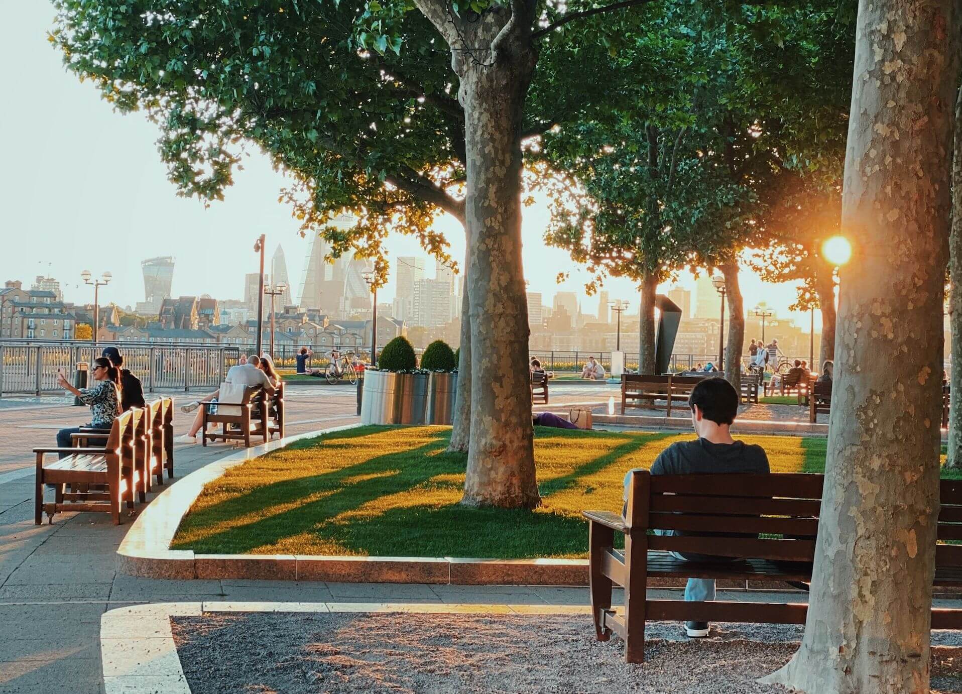 People enjoying an outside area in Canary Wharf