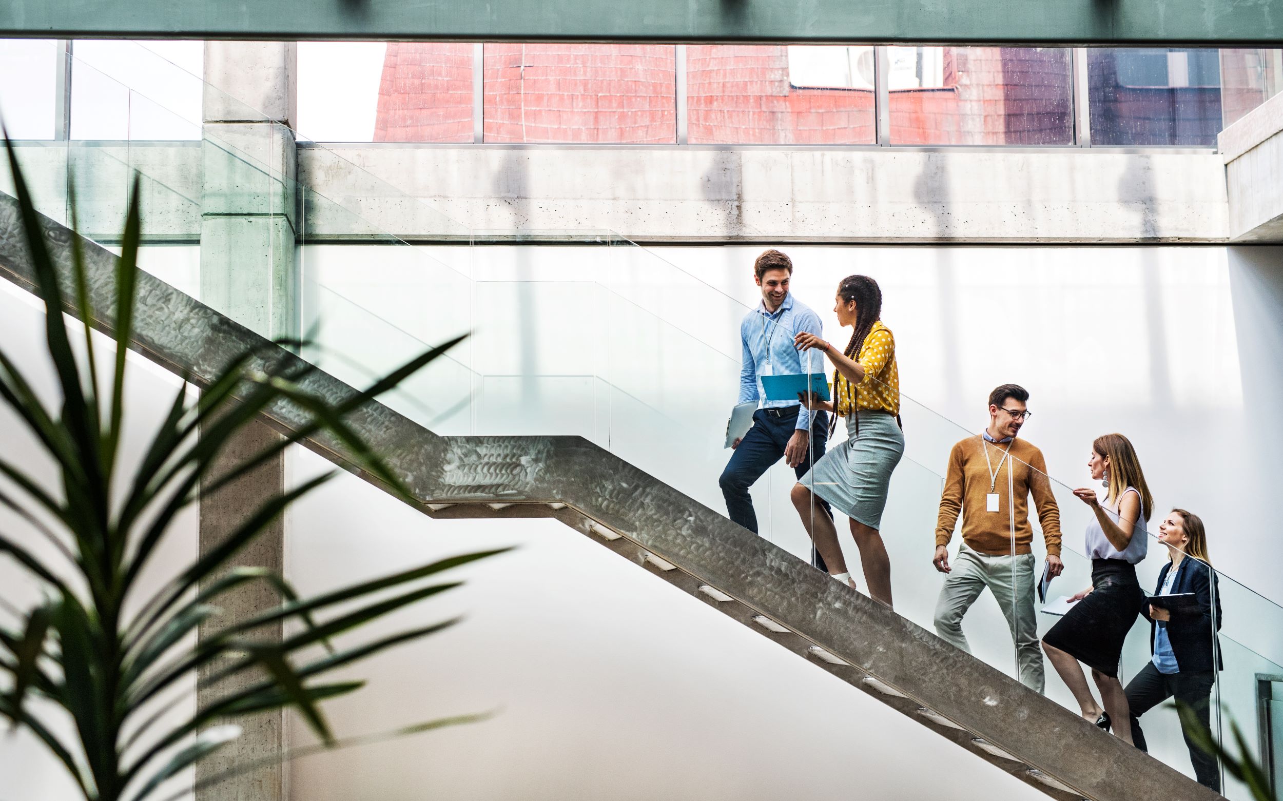 A team ascends an office staircase in a modern environment 