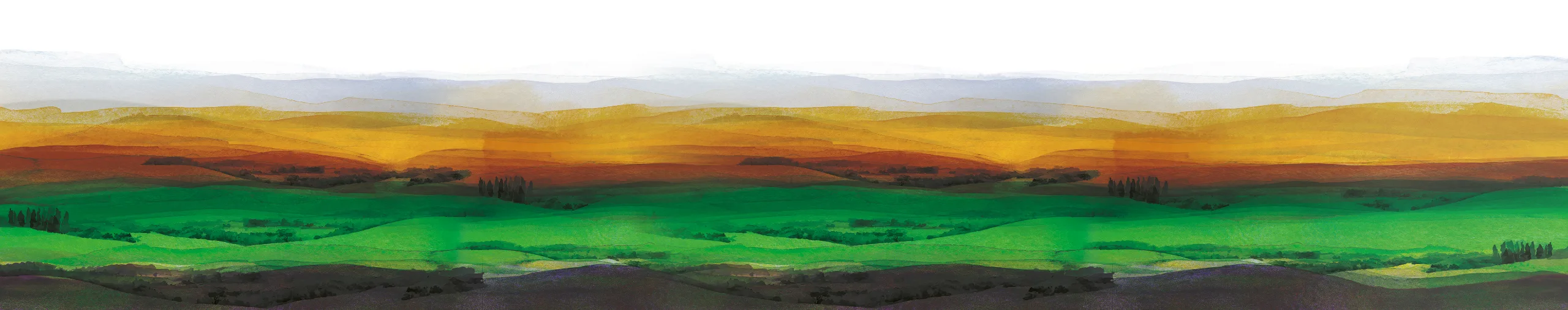 A painterly images of a series of green and yellow rolling fields
