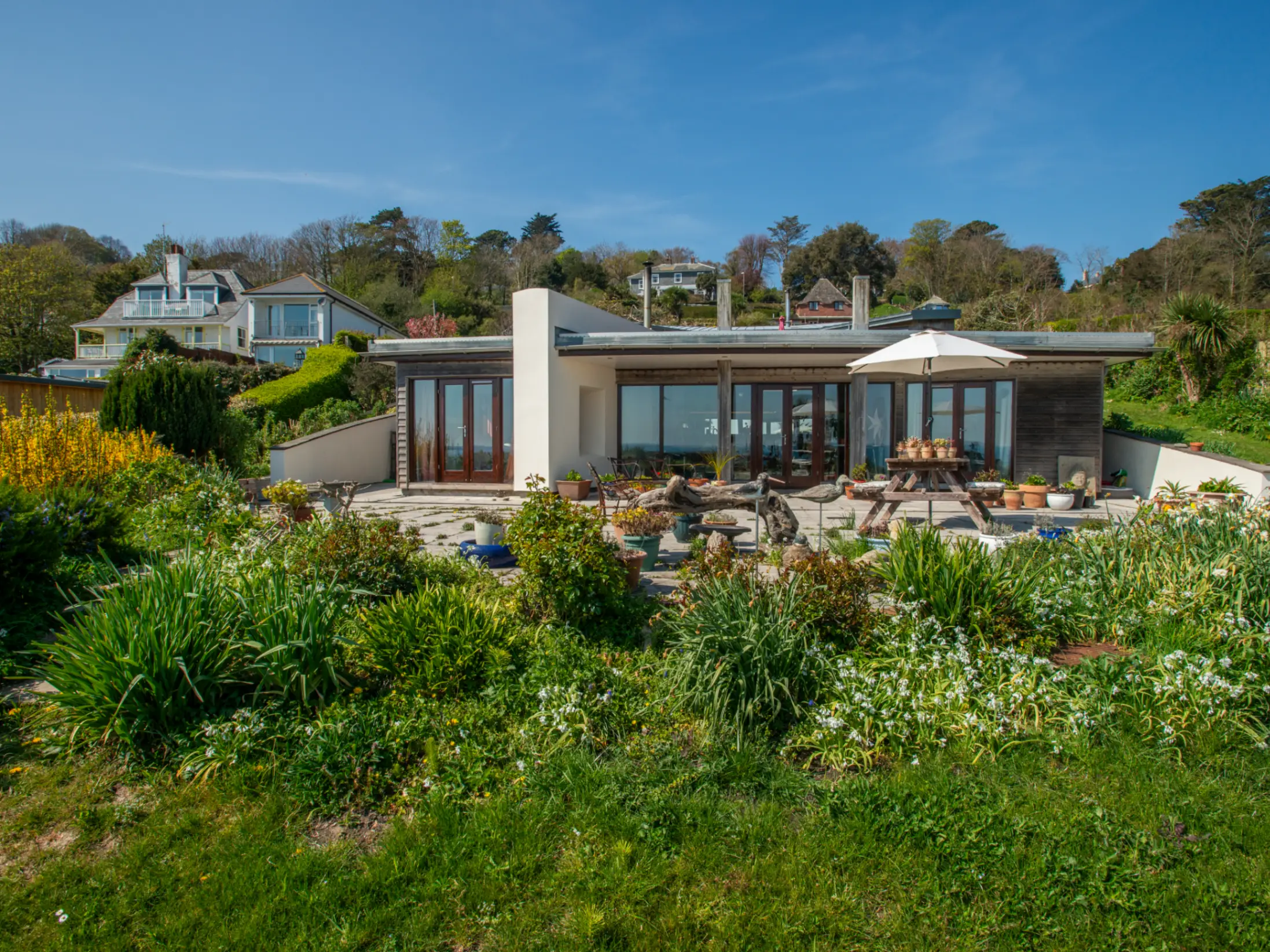 Exterior of Dorset house with large glass windows, paved patio and grass with different flowers in the foreground