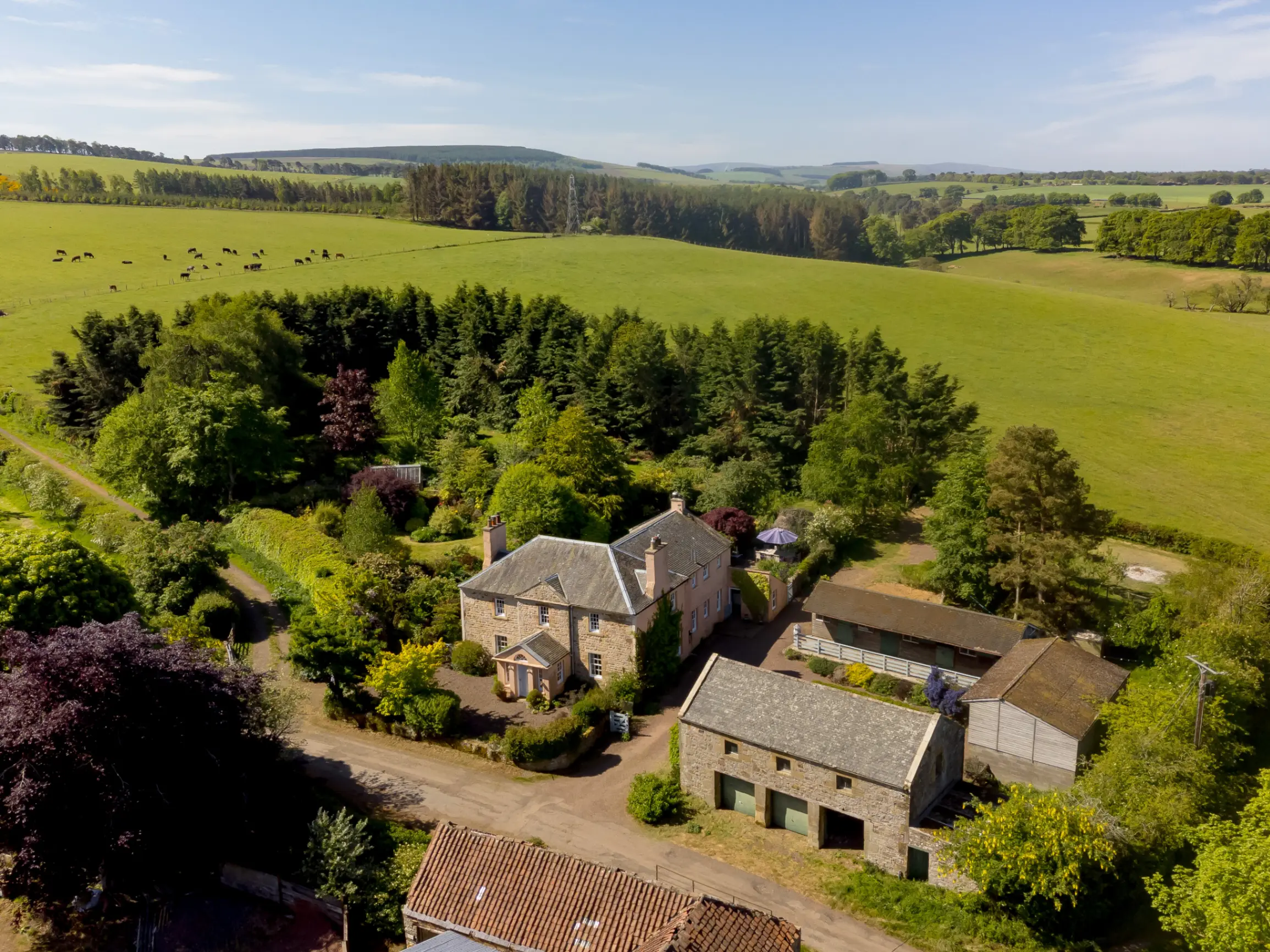 Exterior of country house with equestrian facilities surrounded by green fields and trees