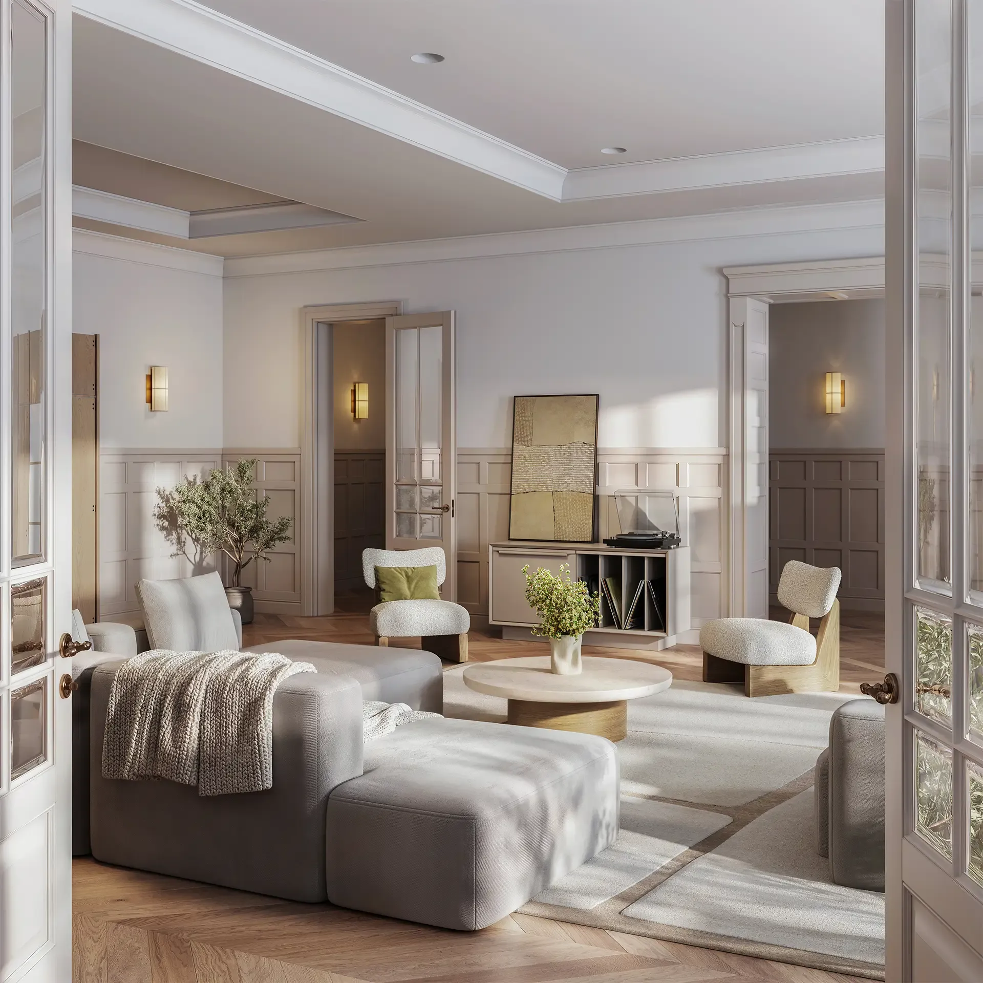 A digitally staged image capturing the essence of an open-concept living space, designed to be both stylish and functional, with ample natural light and chic furnishings.