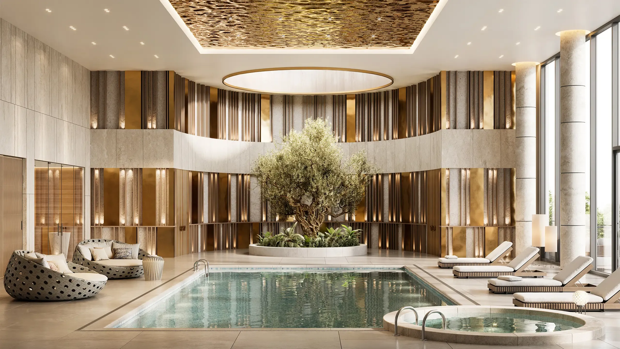 3D render of a luxury hotel swimming pool. Beautiful designed five-star hotel indoor swimming pool with lounges and deck chairs