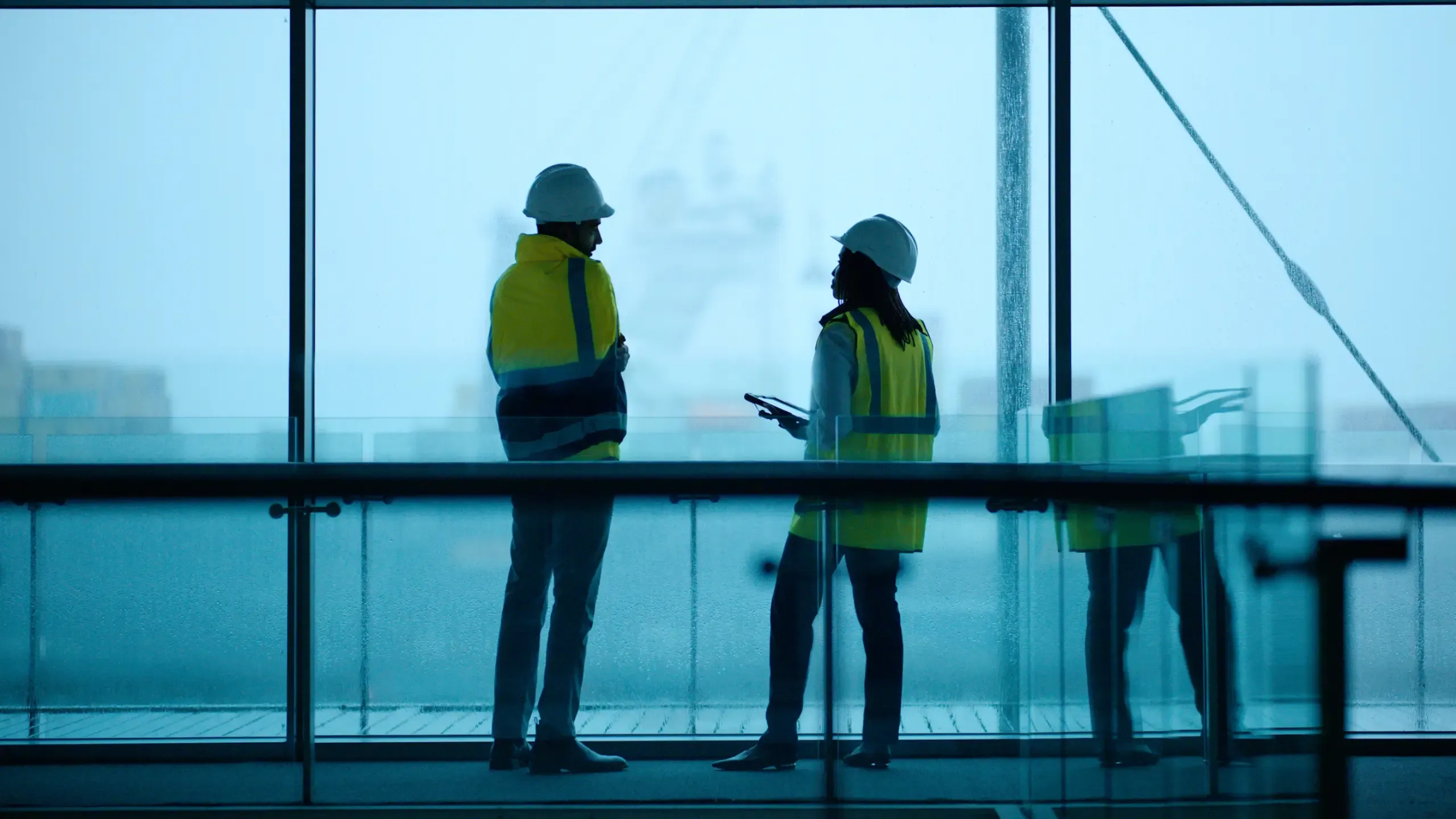 Two colleagues in high-visibility vests having a conversation on a construction site