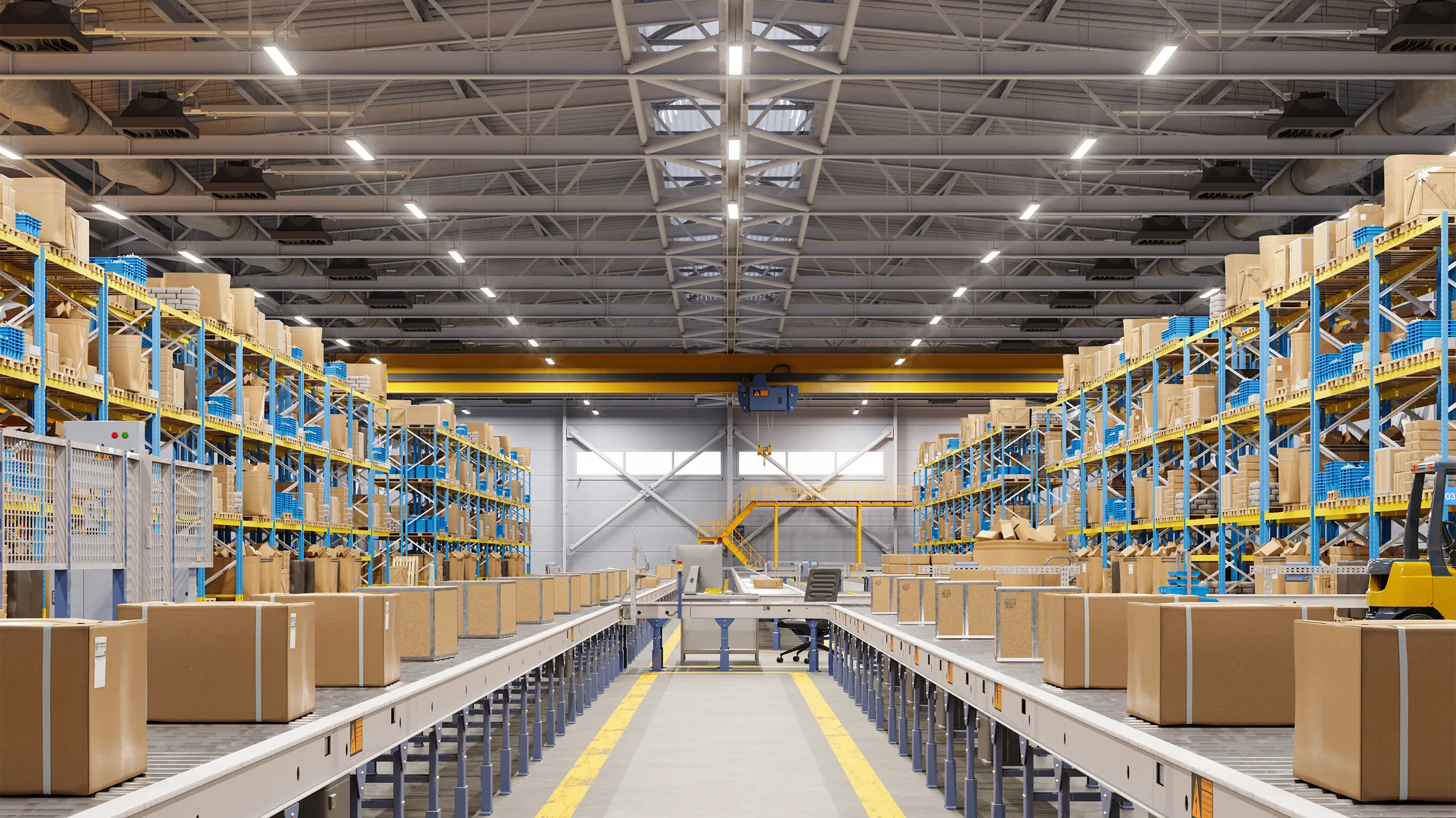 Close-up Of Cardboard Boxes On Conveyor Belt In Distribution Warehouse