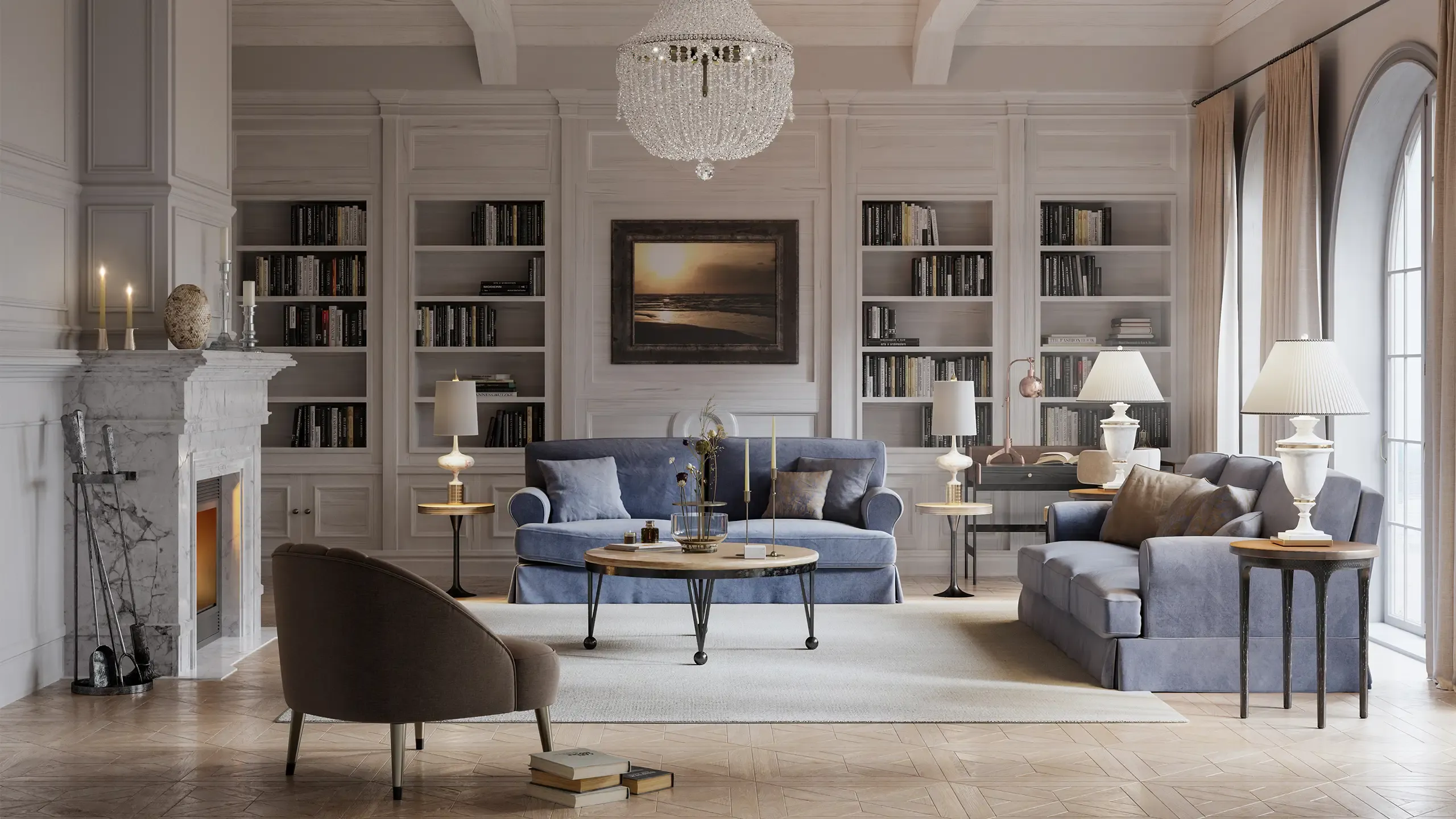 Digital image of a beautiful living room of a large house in the style of a long island house