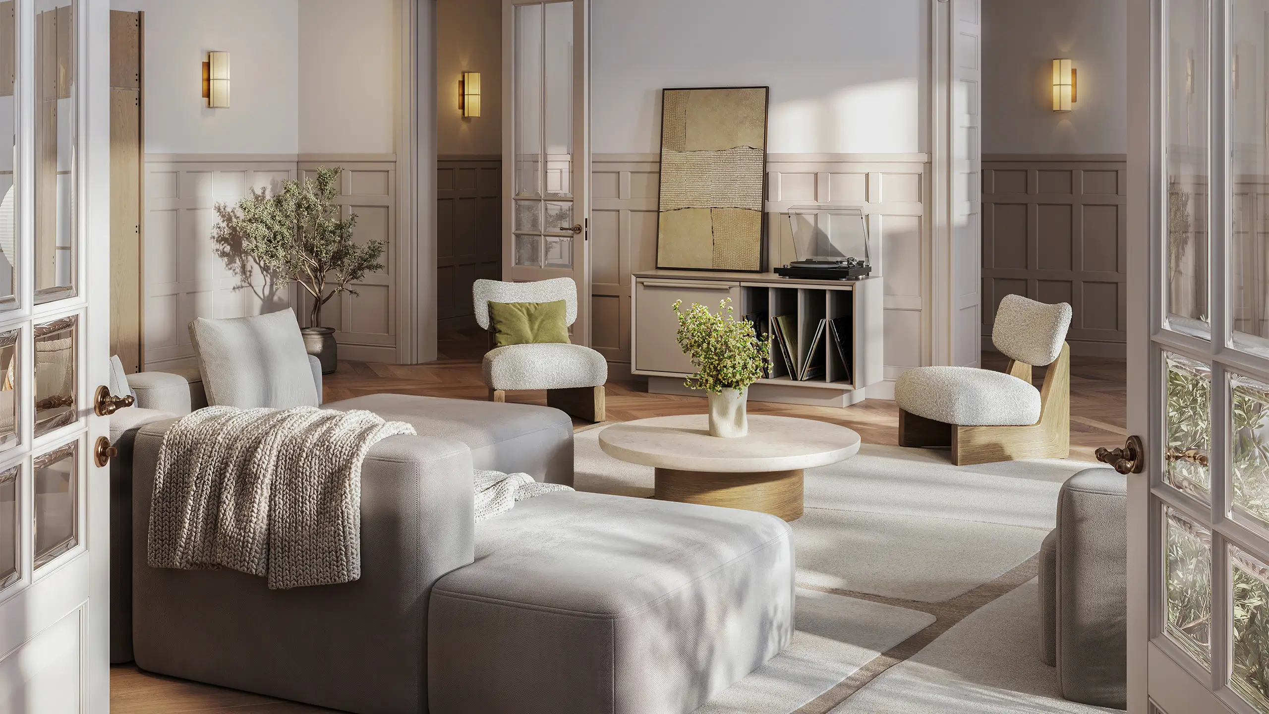 A digitally staged image capturing the essence of an open-concept living space, designed to be both stylish and functional, with ample natural light and chic furnishings.