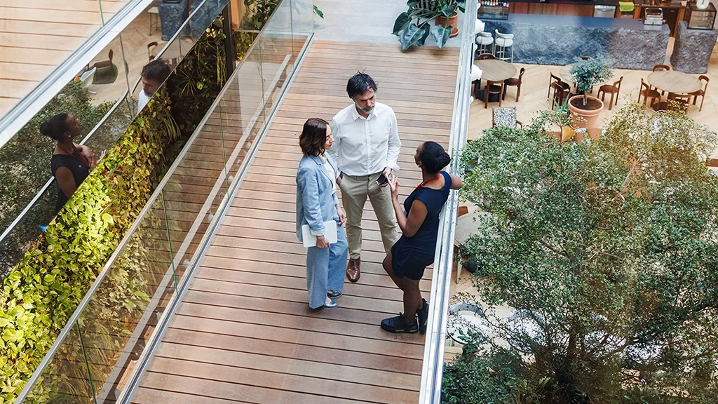A group of diverse business professionals engage in a strategic conversation while standing in a sunlit, modern office corridor lined with greenery.