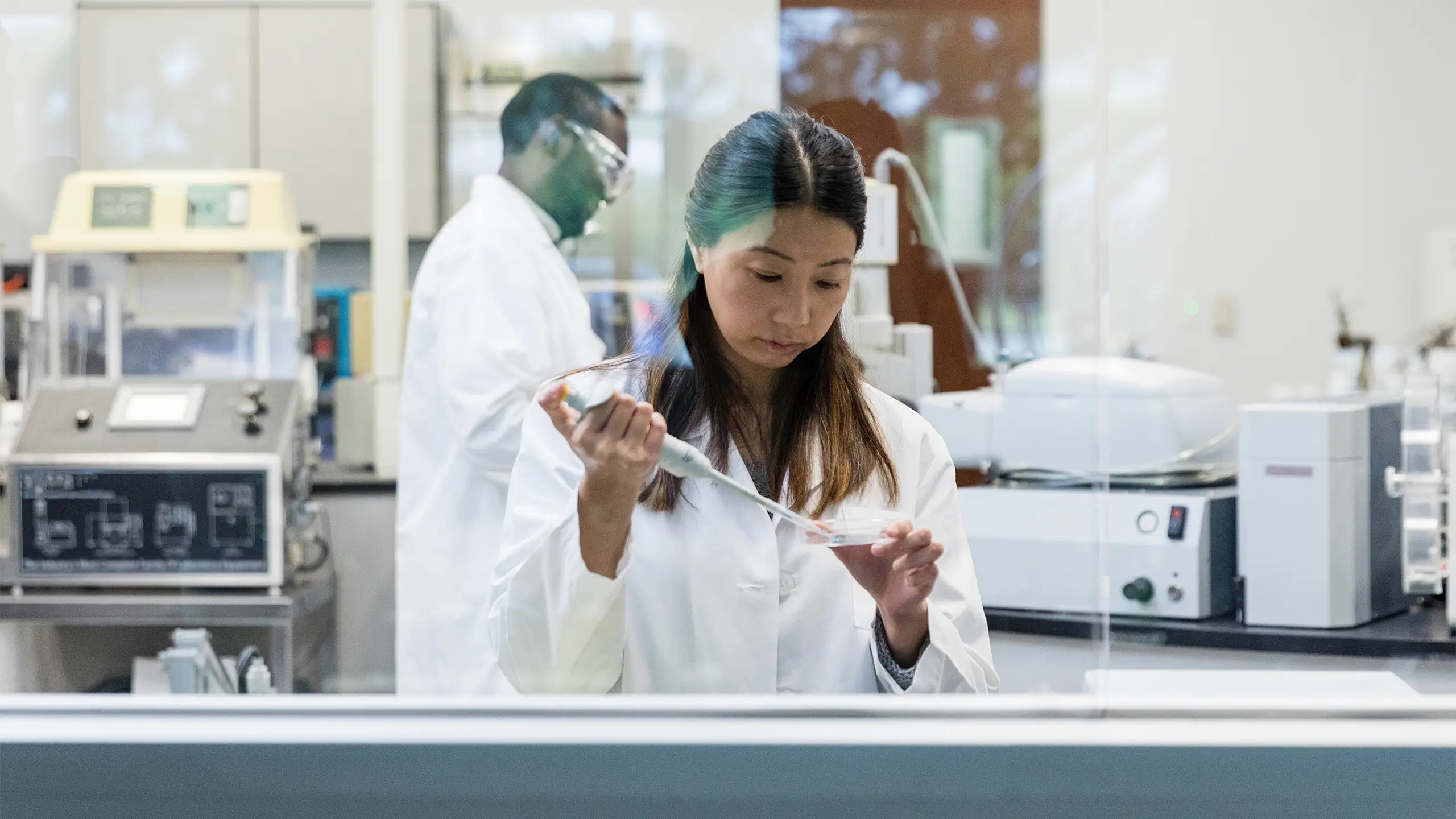 Working behind the glass wall, two diverse technicians are conducting separate experiments in the lab.