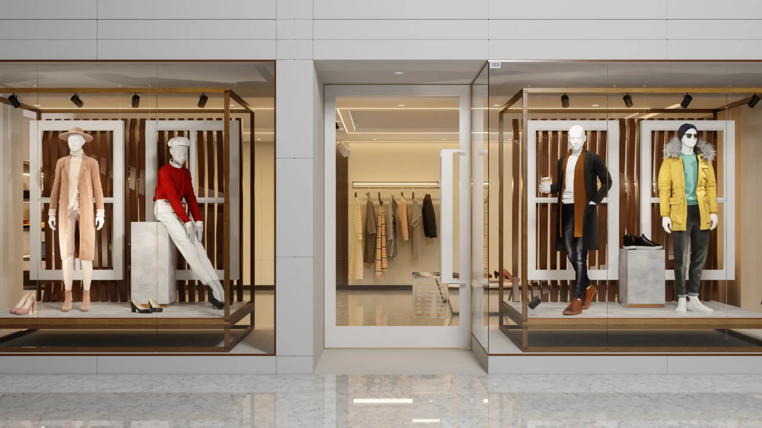 Exterior Of Clothing Store With Women's And Men's Clothing On Mannequins Displaying In Showcase.