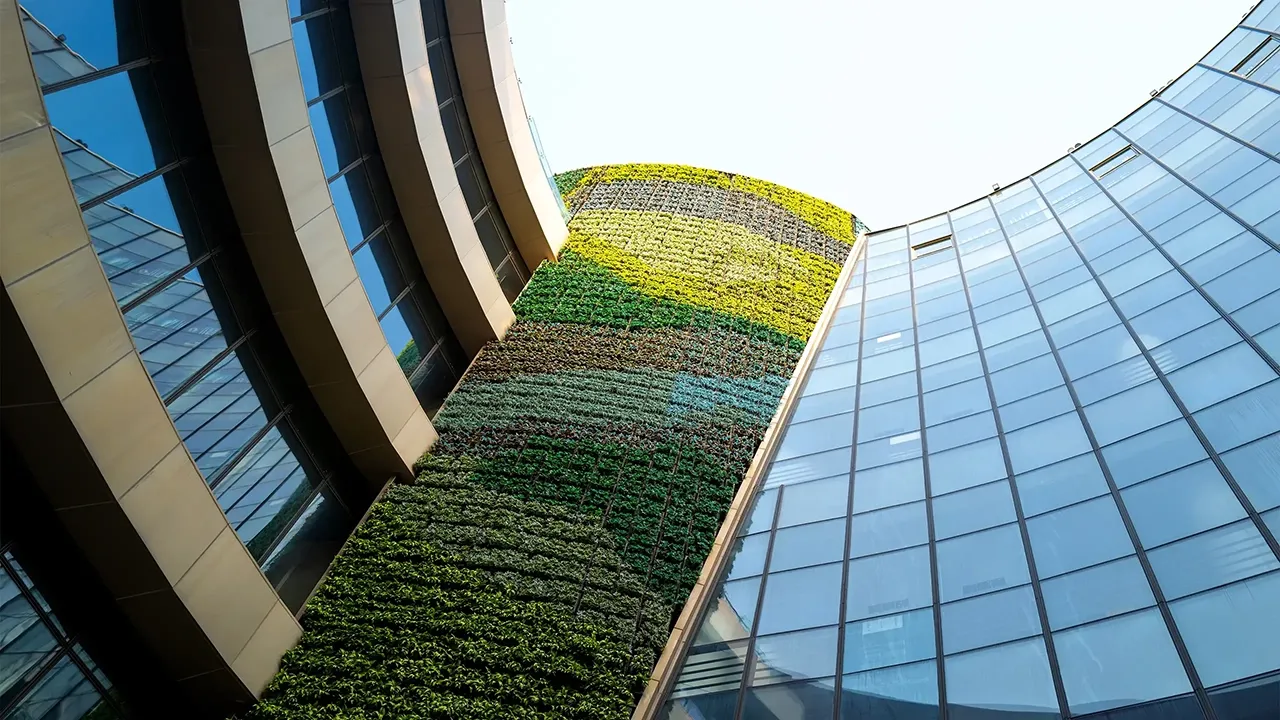 Part of the exterior wall of the municipal building in Quanzhou, China, planted with plants, environmentally friendly buildings.