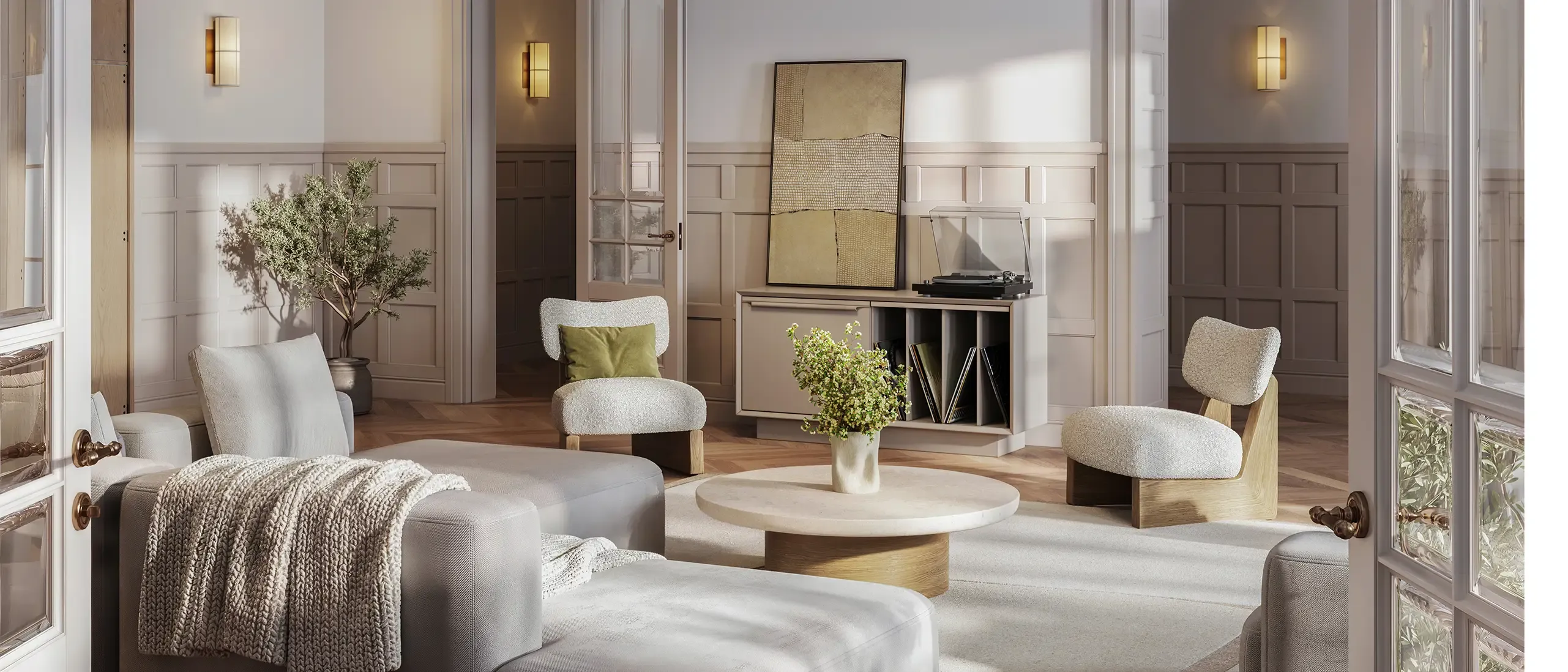 A digitally staged image capturing the essence of an open-concept living space, designed to be both stylish and functional, with ample natural light and chic furnishings.