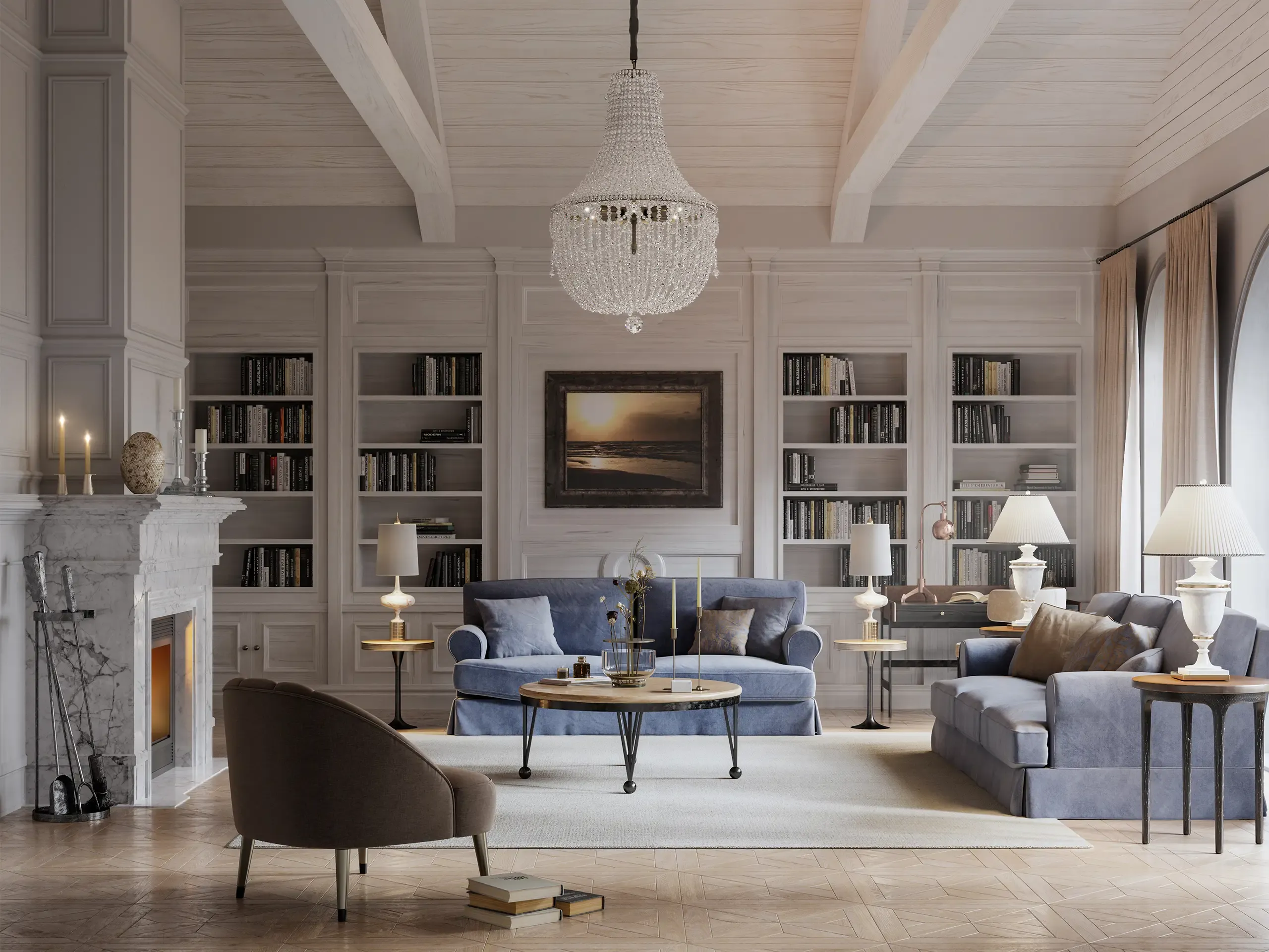 Digital image of a beautiful living room of a large house in the style of a long island house