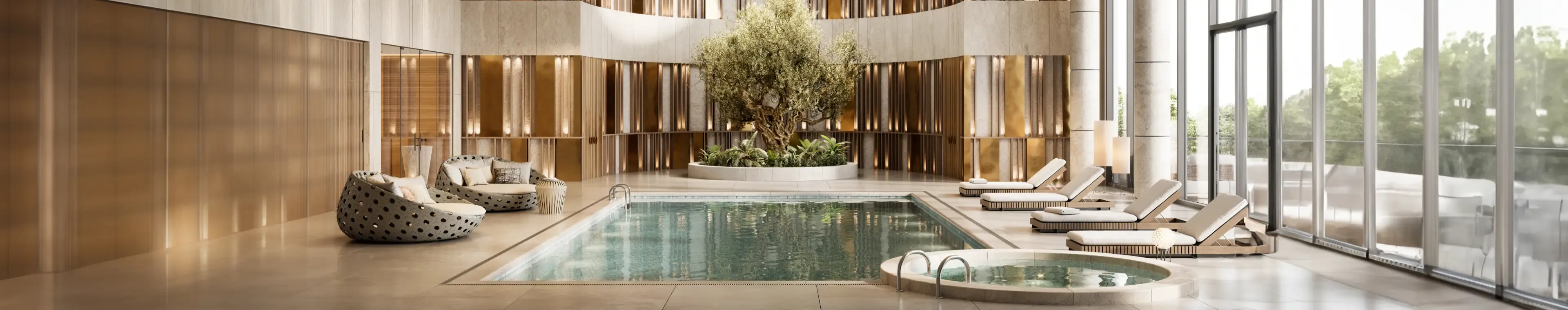 3D render of a luxury hotel swimming pool. Beautiful designed five-star hotel indoor swimming pool with lounges and deck chairs