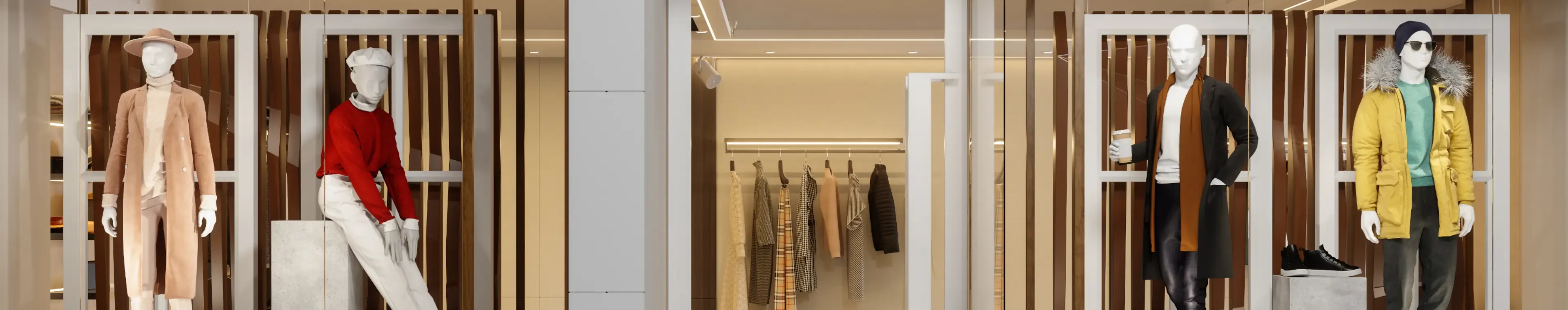 Exterior Of Clothing Store With Women's And Men's Clothing On Mannequins Displaying In Showcase.