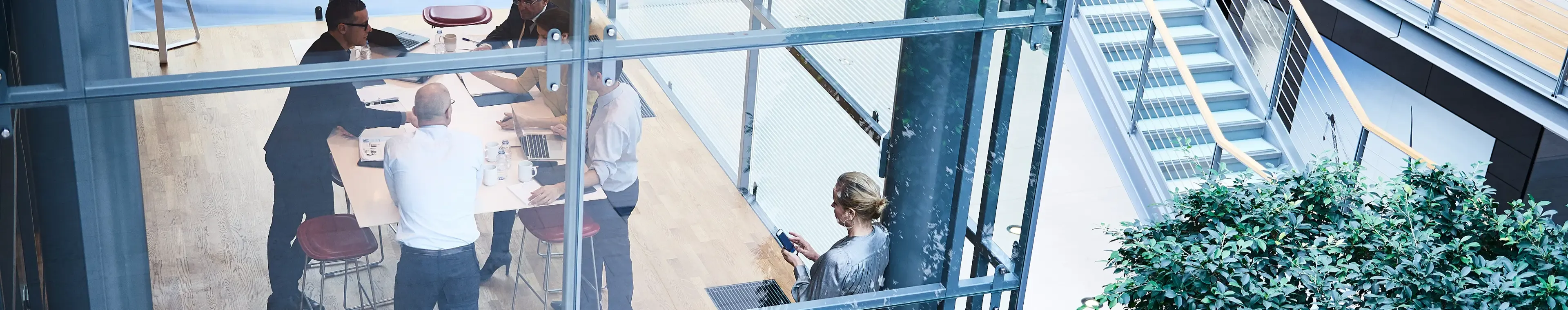 High angle view of businessmen and businesswomen meeting in conference room