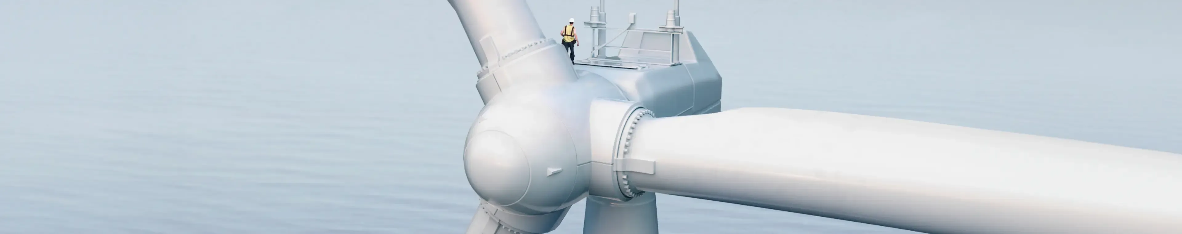 Wind turbine in the blue sea with a technician