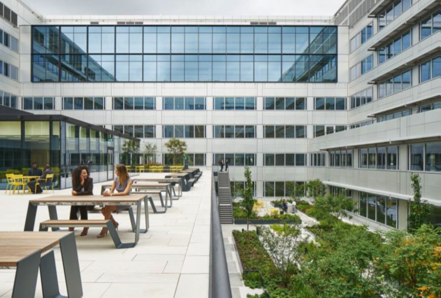 The exterior of a modern office block. 