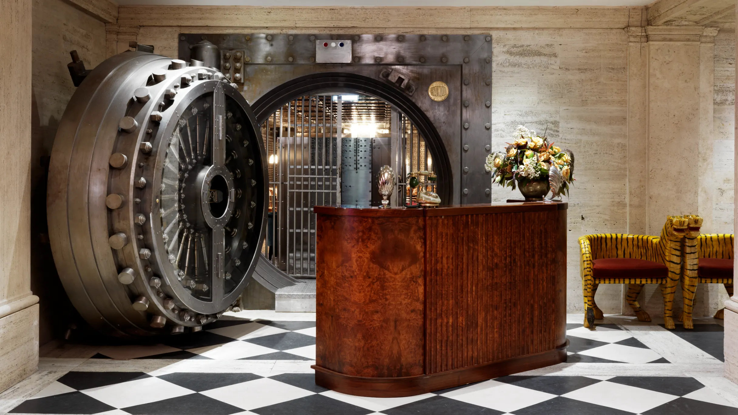 The Vault bar and lounge at The Ned in London, within the original Midland Bank strongroom 